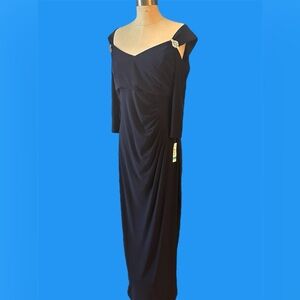 NWT R&M Richard’s Navy Blue Diamond Shoulder Brooched Formal Dress Size 16
